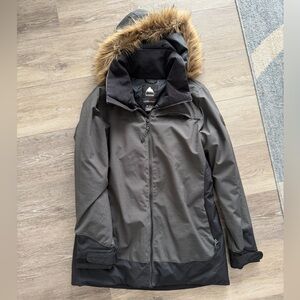 Burton Women's Black and Gray Snowboarding Jacket with Faux Fur Hood